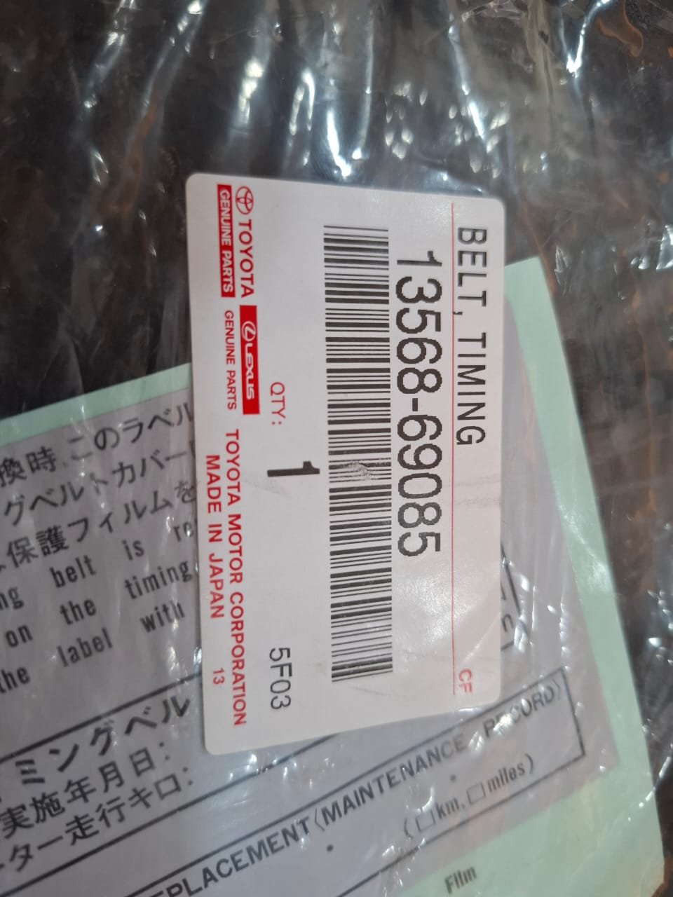 13568 69085 2 Toyota Genuine 13568-69085 timing belt package Made in Japan with UNITTA belt marked 13568-67010 and 102R25