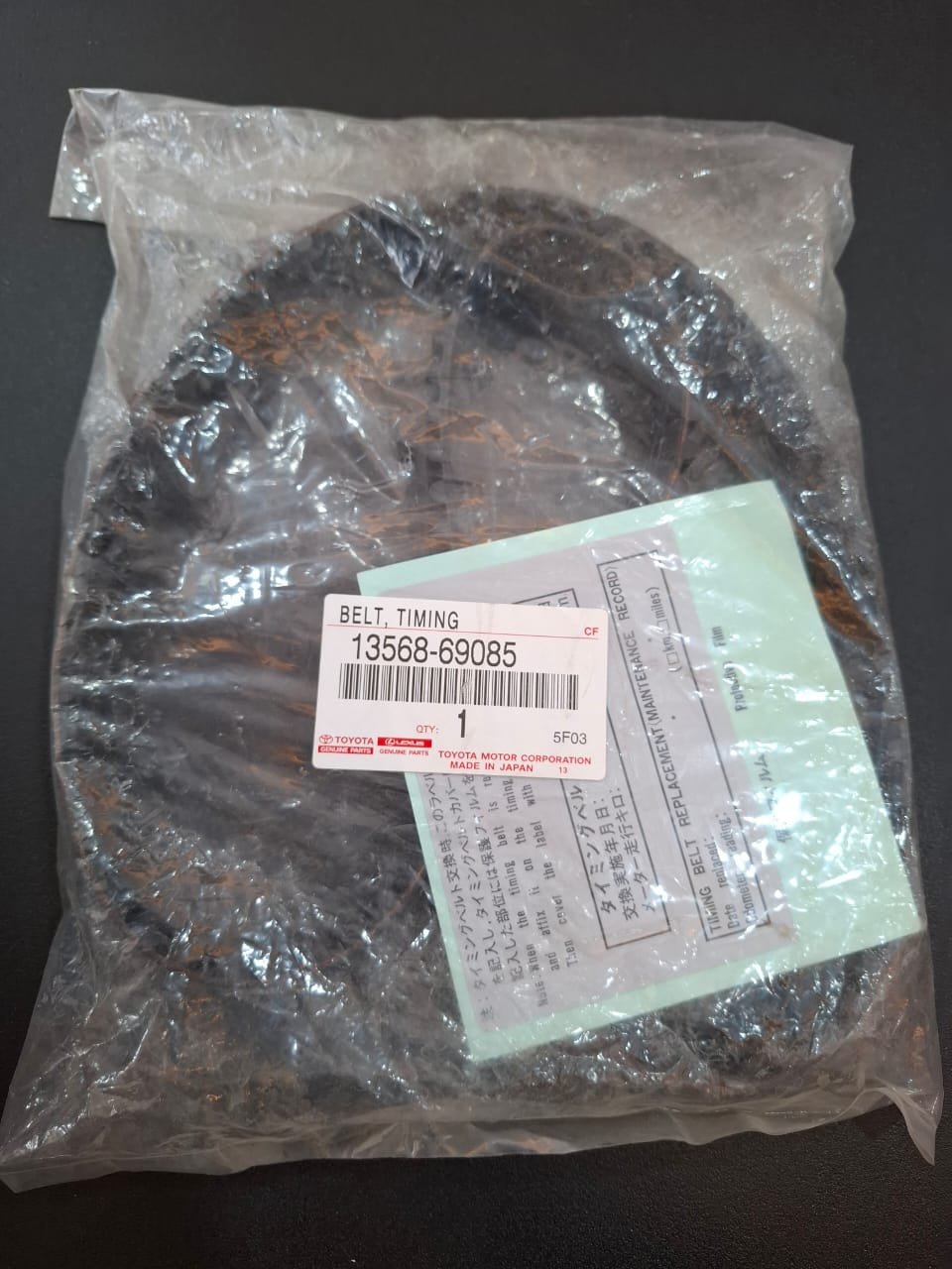 13568 69085 3 Toyota Genuine 13568-69085 timing belt package Made in Japan with UNITTA belt marked 13568-67010 and 102R25